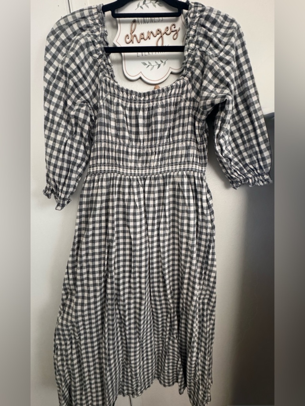 Smocked Gingham Midi Dress in Black & White
